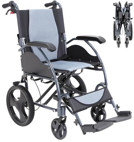 Inyanpower Fauteuil Roulant de Transfert Ultra Léger (11 kg) en Aluminium–Pliable et Compact pour Voyage–Assise 44 cm–avec Repose-Pieds Réglables et Double Freinages–Pour Adulte et Sénior (IN-863HS)