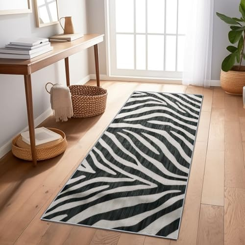 Schwarz und Weiß Waschbarer Teppich 50 x 150 cm Läufer Flur, Modern Indoor Weicher Kurzflor - Meliert Tier Zebra Streifen rutschfest für Wohnzimmer Schlafzimmer