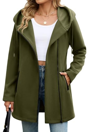 Vancavoo Felpa Donna Lunga con Cappuccio e Zip Cappotto Giacca in Pile | Giacca Leggera a Maniche Lunghe con Cappuccio, Coulisse e 2 Tasche Oblique, per Primavera e Autunno