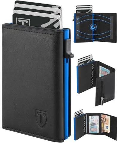 Portafoglio Uomo Slim, Portacarte in Pelle con Protezione RFID, Porta Carte di Credito Uomo Piccolo, Porta Tessere con Portamonete e Scomparti Banconote - Confezione Regalo -Tutta Stagione - Nero&Blu