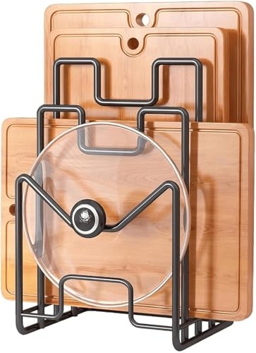 Schneidebrett Halter Schneidebrett Ständer mit 4 Fächern, Metall Bretthalter Küche Organizer für Topfdeckeln, Tellern, Spateln, Backblechen (schwarz)