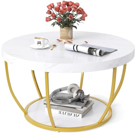COSTWAY Couchtisch rund, Sofatisch Holz mit 2 Ebenen & Metallrahmen | Wohnzimmertisch Kafeetisch 80 cm D für Wohnzimmer, Empfangsraum, Büro (Weiß)