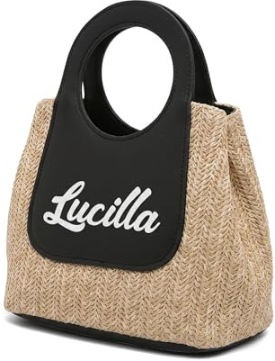 Bolso de Playa Personalizado para Mujer Bolso Tote de Paja con Nombre Bolso de Hombro Grande de Verano para Playa Viaje Compras con Cremallera
