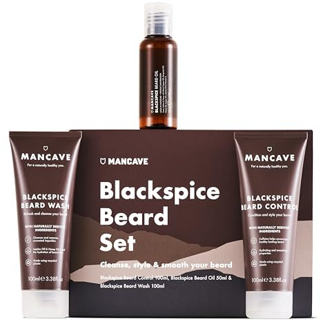 ManCave Coffret Cadeau Hommes Blackspice Kit Barbe Hommes avec 3 Produits Essentiels, Soin Barbe Hommes Barbe plus Fournie, Vegan, Tubes en Plastique Recyclé, Fabriqué en Angleterre