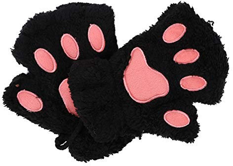 Women Girls Warm Half Finger Plush Gloves Mittens Cute Bear Cat Dog Paw Gloves Fingerless Mittens Hanging Neck Gloves Mittens with Anti-lost String Hand Warmer for Outdoor Sports Touchscreen Typing