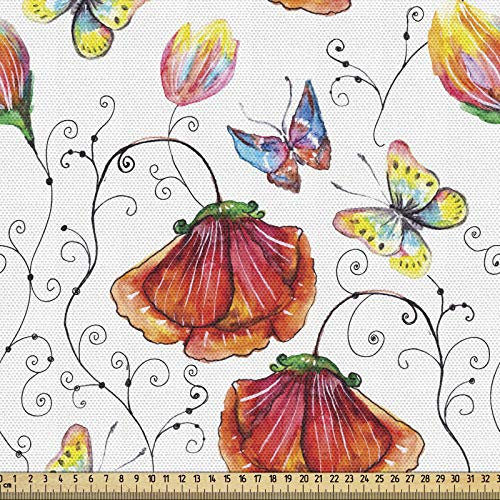 ABAKUHAUS Natur Gewebe als Meterware, Wirbelnde Blumen Flamingo, Dicht Gewebter Stoff zum Nähen Polster Wohnaccessoires, 3M (148x300cm), Mehrfarbig Weiß