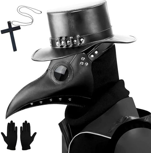 Plague Doctor Mask Plague Doctor Costume Adult Halloween Mask for Gothic Costumes Props, Halloween Costume for Men, Steampunk Bird Masks for Adult with Black Gloves Cane Masquerade Party Costumes