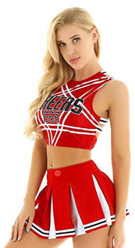 inhzoy Frauen Cheerleading Cheer Leader Uniform Set Crop Top Rückenfrei Unterhemd kurzer Faltenrock Minirock Tanz Karneval Fasching Party Halloween Kostüm Typ A_Rot M