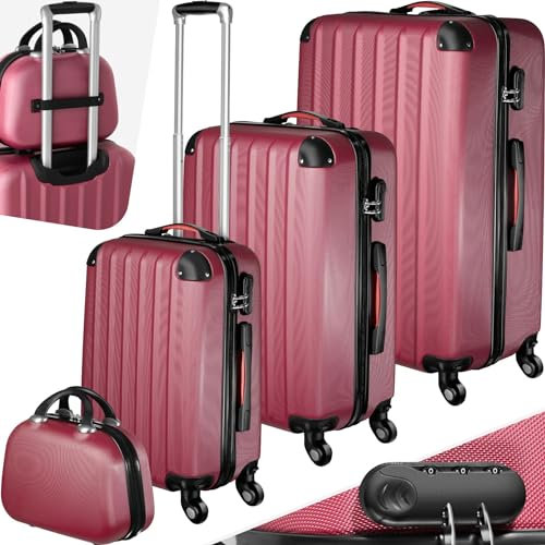 TecTake® Hard Shell Suitcase Set, Lightweight Suitcases with TSA Lock, Incl. Large, Medium, Small Carry On Suitcase & Beauty Case, Ergonomic Telescopic Handles & 360° Removable Wheels - Wine Red
