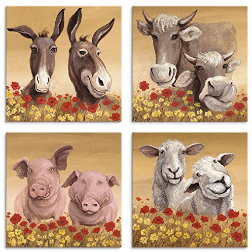 ARTLAND Wanddeko Leinwand Bilder Set 4tlg. je 30x30 cm Quadratisch Wandbilder Tiermotive Bauernhof Esel Kühe Schweine Schafe U1NY