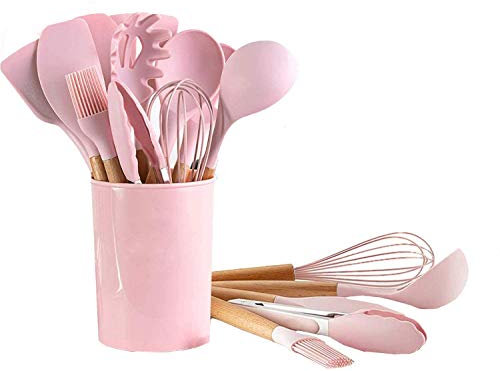 Utensilios de Cocina de Silicona Juego de Utensilios de Cocina - 446 ° F Mangos de Madera Resistentes al Calor Utensilios de Cocina Grises Juego de Utensilios de Cocina Antiadherente (Rosa-12pcs)