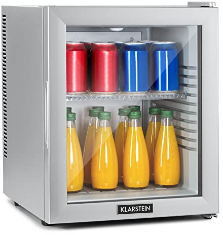 KLARSTEIN Mini Fridge for Bedrooms, Food, Drinks, Beer & Skincare Fridge Cooler, Glass Door Drinks Fridge, 32L Table Top w/Adjustable Shelves, Quiet & Small For Home, Office, & Camping