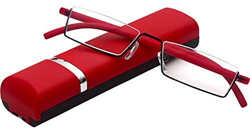 KoKoBin Lesebrille mit Ultraleichtem TR90 Rahmen Lesehilfe Halbbrille aus Metallrahmen mit Halbrahmen Sehehilfe mit Brillenetui für Damen und Herren(Rot，+1.75