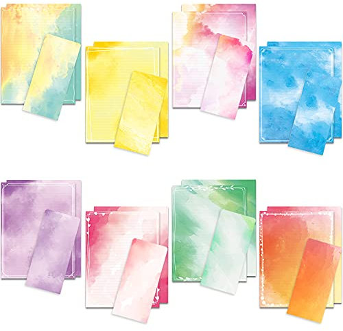 Anzon Mories Aquarell-Briefpapier-Umschläge-Set (2 Seiten farbig, 1 Seite liniert), 48 Blatt, 24 Umschläge, Briefpapier 21,6 x 27,9 cm, dekoratives Papier, 8 Designs sortiert