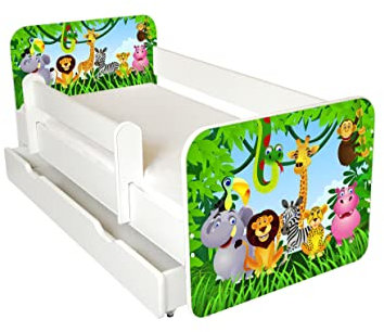 Kinderbett Jugendbett Igor 80x160cm mit Matratze, Schublade und Abnehmbarem Geländer - Bett Schlafzimmer Kindermöbel Kinderbetten für Mädchen und Junge, Hochwertige Möbelplatte, Solide - Urwald