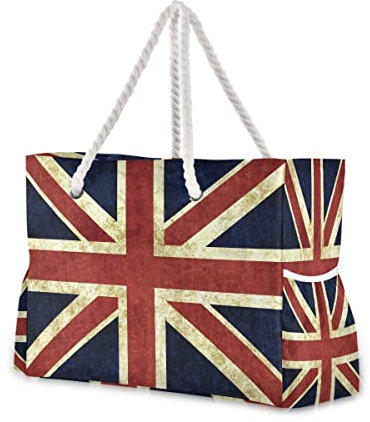 Mnsruu Retro-Einkaufstasche mit Union Jack-Motiv, britische Flagge, große Tasche, Seilgriffe, für Einkaufen, Reisen, im Freien