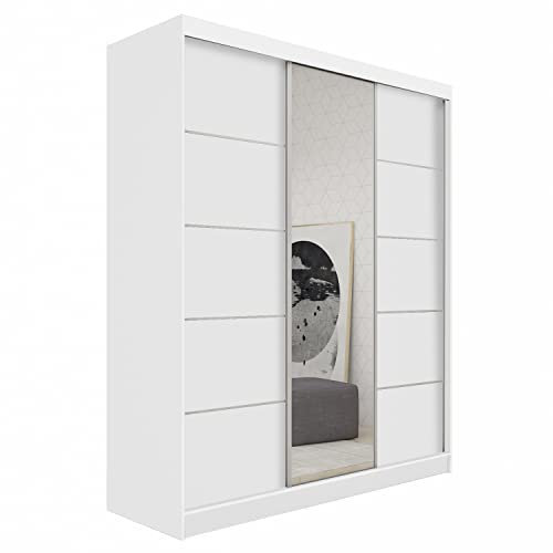 MEBLINI Kleiderschrank mit Spiegel, 3 Türen - Schwebetürenschrank mit Kleiderstange - Schlafzimmerschrank mit Einlegeböden - Wardrobe Closet - MAKIRA - 180 cm - Weiß/Weiß + Spiegel