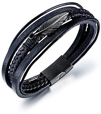 Aleasha Schwarz Feder Leder Armband für Herren mit Edelstahl Magnet Verschluss ArmbäNder Schmuck Geschenk