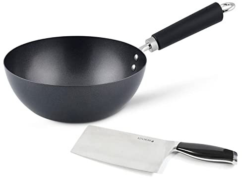 Ken Hom kleiner Antihaft Wok 20 cm Induktion aus Karbonstahl mit Phenolharz-Griff - Set inkl. Hackmesser 18 cm