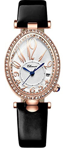 Avaner Damen Armbanduhr mit Oval Full Diamond Gehäuse Quarzuhr für Damen Große Zahl Kalender Zifferblatt gebogenes Glas Lederarmband Uhr für Frauen