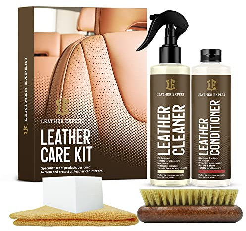 Lederpflege Auto und Reinigung Set - Lederreiniger Auto 250 ml und Autolederpflegemittel 250ml - Farbneutral - Entfernt Schmutz und Unangenehme Gerüche - mit Zubehör
