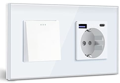 BSEED Interruptor de Pared con Enchufe USB C 20W,1 Gang 1 Vía Interruptor Pared+Schuko Enchufe con Cargador Rápido USB Tipo C,Blanco Enchufe Integrado Adecuado,10A Interruptor de Luz