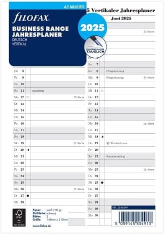 FILOFAX Kalendereinlage A5 Multi Jahresplanervertikal (Deutsch)2025