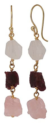 Selenite e tormalina rosa con orecchini al quarzo rosa | Orecchini a gancio avvolti in filo fatto a mano | Coppie di orecchini in pietra ruvida di forma fantasia | 104715U, 10-12 MM, Ottone, Gemma,