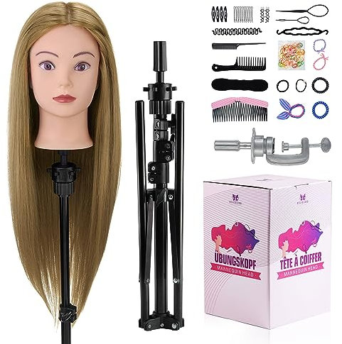 Frisierkopf mit Übungskopf ständer,71cm 60% Frisierkopf Echthaar,Puppenkopf zum Frisieren,Trainingsköpfe für Friseure Ausbildung Kopf Mit Halter + DIY Haare Set(Blond)
