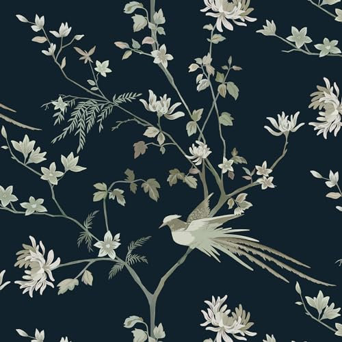 CiCiwind Self Adhesive Floral Contact Paper 41×300cm Peel and Stick Vinyl Wallpaper - Navy Tree Bird Botanical Design, Waterproof for Wall Furniture Decoration