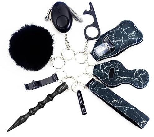 Llavero de Autodefensa, RosyFate 8 in 1 Llavero de Mujer con Kit Autodefensa, con Alarma Personal Autodefensa y Martillo Rompecristales (Negro)