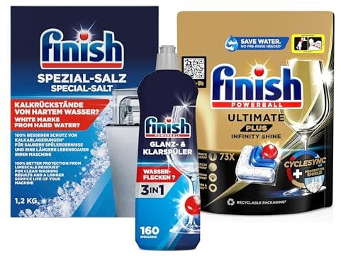 Finish Ultimate Plus Infinity Shine Spülmaschinentabs, 73 Caps für makellosen Glanz + 1,2 kg Spezial-Salz + 800 ml Glanz & Klarspüler