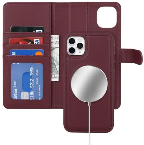 Zouzt for iPhone 11 Pro Max 6.5 Inch Detachable Wallet Case with Card Holder for MagSafe, Premium PU Leather 2 in 1 Flip Folio Book Magnetic Stand Protective Phone Cover - Burgundy