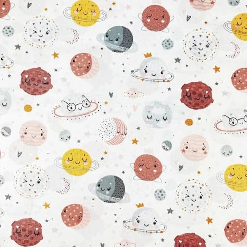Textrend Baumwollstoff Stoffe Meterware - Stoff zum Nähen - 100% Baumwolle - Textilien 1x1.6m - Stoff mit Kindermuster (Rosa und orange smiley Gesicht Planeten auf weißem Hintergrund)