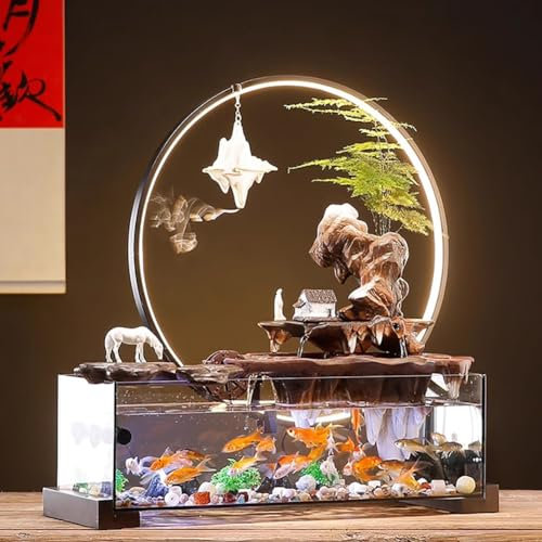 MegLob Acuario De Vidrio De Estilo Oriental, Tanque De Pescado Decorativo Microecológico De Estilo Chino con Luz LED Y Dispositivo De Incienso De Flujo De Retorno,A