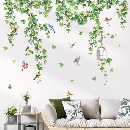 decalmile Adesivi Murali Foglie di Edera Verde Adesivi da Parete Vite Appesa Uccelli Decorazione Murale Soggiorno Camera da Letto Ufficio