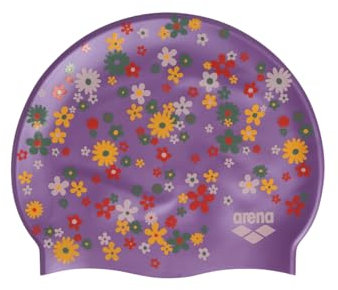 Arena Print 2 Unisex-Silikon-Badekappe für Erwachsene, Damen und Herren, intensives Training, bequem, rutschfest, Langhaar-Badekappe, Lydia, Lila, Vintage-Blumenmuster