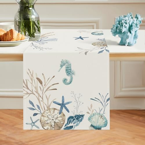 Bonhause Tischläufer Nautische Küste Tischläufer Blauer Ozean Strand Koralle Seestern Küche Esstisch Dekoration für Drinnen Draußen Urlaub Party Waschbar Wohnkultur Tafeltuch (33 x 183 cm)