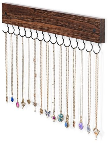 Lolalet Porta Collane da Appendere in Legno, Appendi Collane con 15 Ganci, Facile da Installare (includere strisce adesive) -Marrone