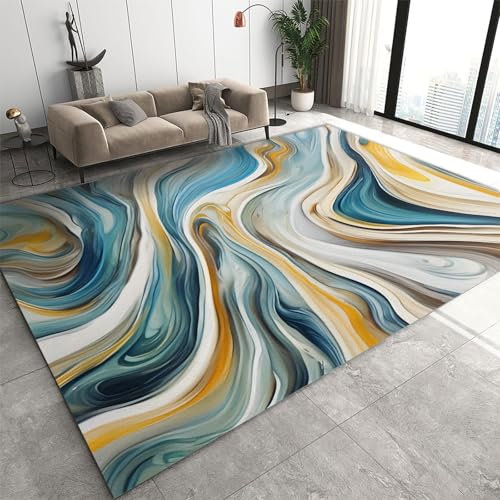 JUFUMUP Retro Fluid Art Teppiche Gegend, Blau Gelb Grau Weiß Farbverlauf Teppiche - für Teppich Wohnzimmer Teetisch Sofa Bodenmatte Schlafzimmer 180 x 270 cm