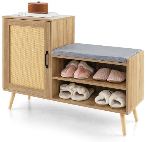 COSTWAY Banc à Chaussures Rembourré avec Porte en Rotin, Meuble à Chaussures 2 en 1, Banc de Rangement 3 Etagères Réglables, Pieds en Pin, Armoire à Chaussures pour Entrée, Couloir, Chambre, Naturel