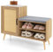 COSTWAY Banc à Chaussures Rembourré avec Porte en Rotin, Meuble à Chaussures 2 en 1, Banc de Rangement 3 Etagères Réglables, Pieds en Pin, Armoire à Chaussures pour Entrée, Couloir, Chambre, Naturel