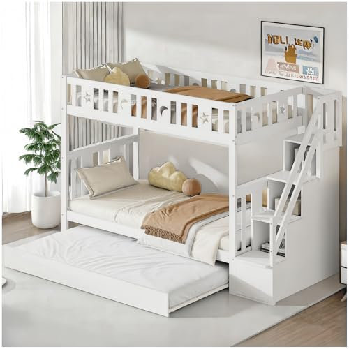 Racxily Litera con Escalera de Almacenamiento y Cama Nido, Cama Infantil 90 x 200/90 x 200 cm, literas Juveniles de Madera Maciza con Escalera de Seguridad y somier de láminas, Blanco
