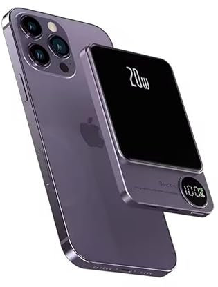 Portable Power Bank 10000mAh - Magnetic, Wireless, Fast Charging Compatible with Iphone, Samsung, including any Qi wireless-enabled device, Smart Charging with Real-Time Display (Purple)