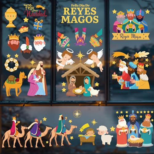 BETESSIN Decoración Navidad Ventanas, Pegatinas Cristal Reyes Magos, Nacimiento Pegatina Escaparate para Hogar Oficina Restaurante Tienda, 9 Hojas para Fiesta Día de Reyes