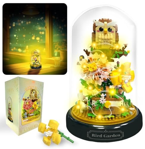 Felicify Flower Bouquet Building Sets With LED Lighting, 1123pcs Animal Building Blocks With Cover, Botanical Collection Toy, Gift for Her Mom Wife Girlfriend (Owl)