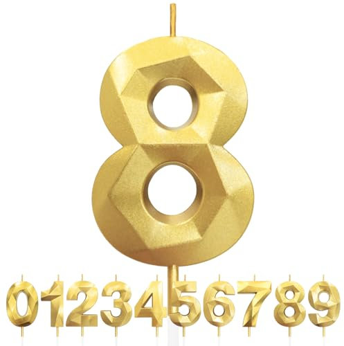 Geburtstagskerzen Zahlen 8, 5cm 3D Gold Geburtstagskerzen, Kerzen Geburtstag, Zahlenförmige Kerze, Tortendeko Geburtstag für Geburtstag Party, Hochzeiten, Jubiläen, Birthday Candle Nummer 8