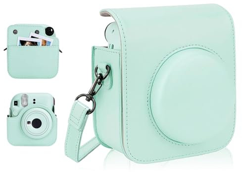 AUEJACKY PU Housse de Protection en Cuir pour Fujifilm instax Mini 12/11 Instant Film Camera Sac de Voyage avec Bandoulière Réglable (Coque de Protection Uniquement, Vert Menthe)