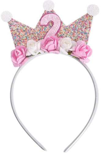 Geburtstagskrone,Krone Geburtstag Mädchen Krone Glitzer Tiara mit Rose Blumen Mädchen Geburtstag Stirnband Partyhut Rosa Kleinegeburtstag Krone für 2 Jahr Baby Kinder Geburtstag Party
