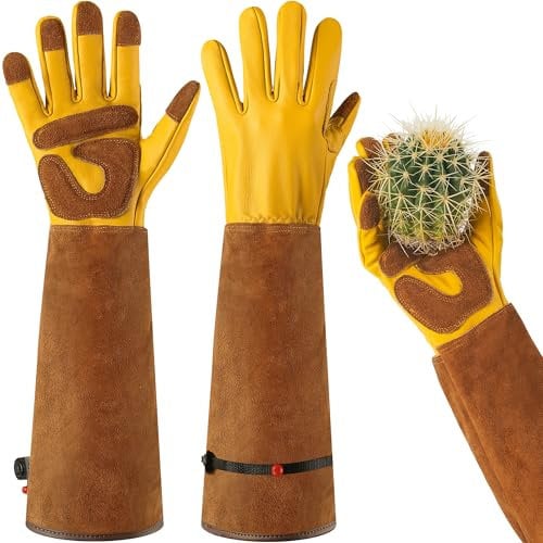 Leder Gartenhandschuhe für Damen und Herren - Dornenfeste Handschuhe mit extra langer Stulpe und verstärkten Handflächen und Fingerspitzen (M)